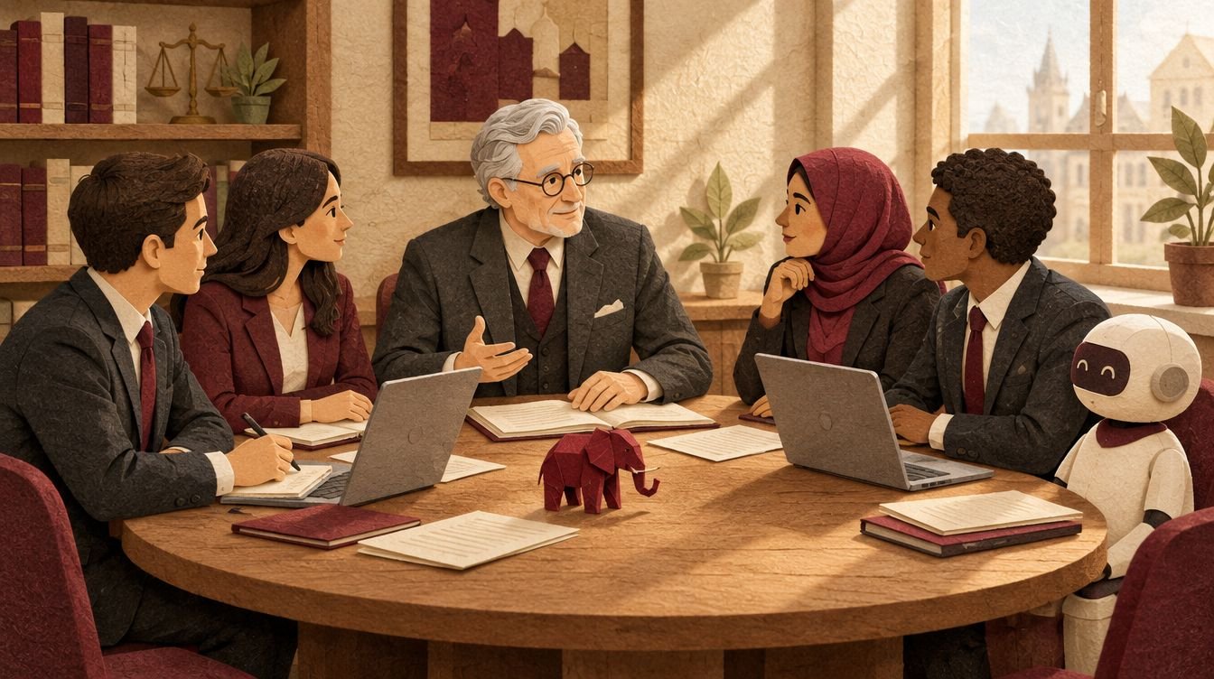 خبير قانوني بنظارة مستديرة يرشد أربعة محامين شباب حول طاولة مستديرة، وروبوت ورقي صغير يجلس بهدوء على الطرف